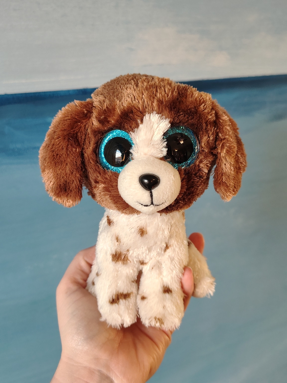 Plush Brown and White Puppy Dog Toy with Blue Eyes